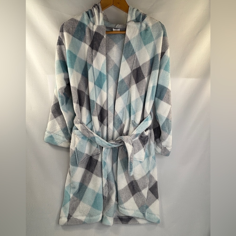 WONDER NATION Fleece Hooded Robe 10/12 Plus Blue White Gray